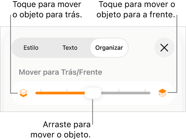 Botão Mover para Trás, botão Mover para a Frente e controle deslizante de camada