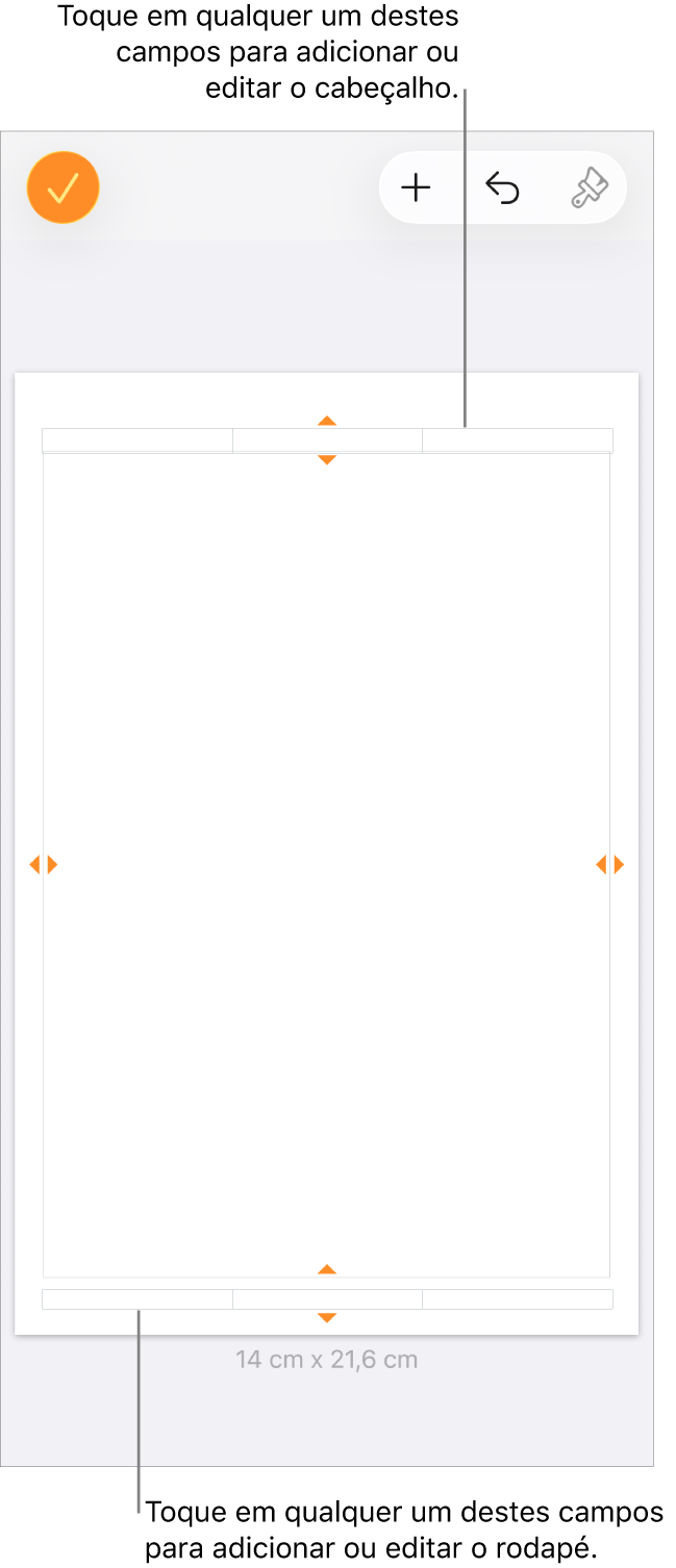 A vista “Mais opções” com três campos na parte superior do documento para cabeçalhos e três campos na parte inferior para rodapés.