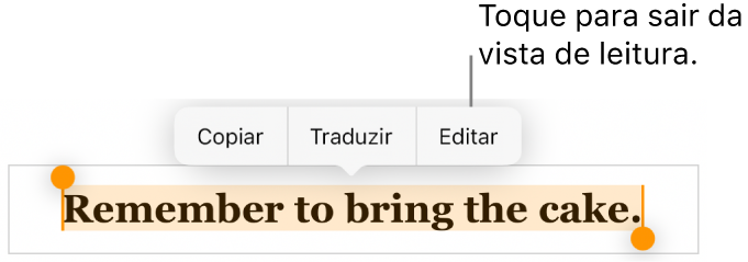 Uma frase está selecionada e por cima está um menu contextual com os botões "Copiar” e “Editar”.