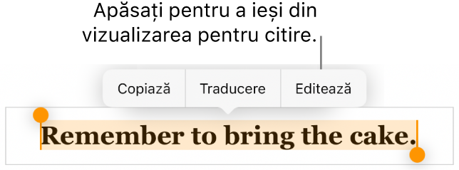 O propoziție este selectată și deasupra acesteia se află un meniu contextual cu butoanele Copiați și Editați.