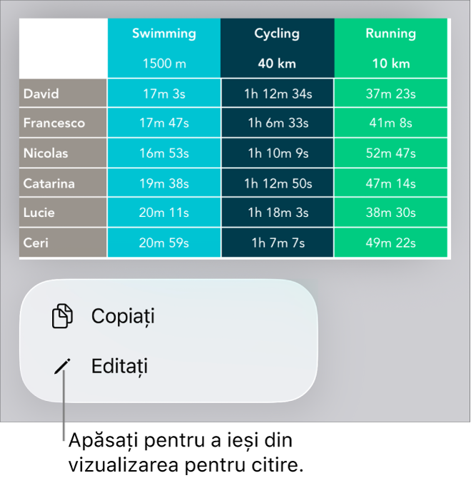 Un tabel este selectat și sub acesta se află un meniu cu butoanele Copiați și Editați.