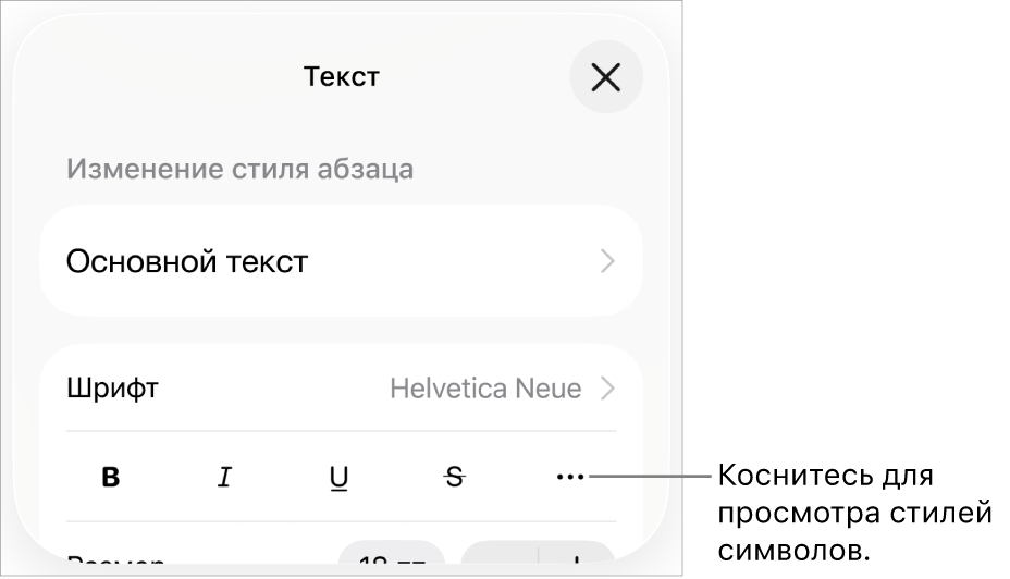 Панель «Формат» с кнопками жирного шрифта, курсива, подчеркивания и зачеркивания, а также кнопкой «Дополнительные параметры текста».