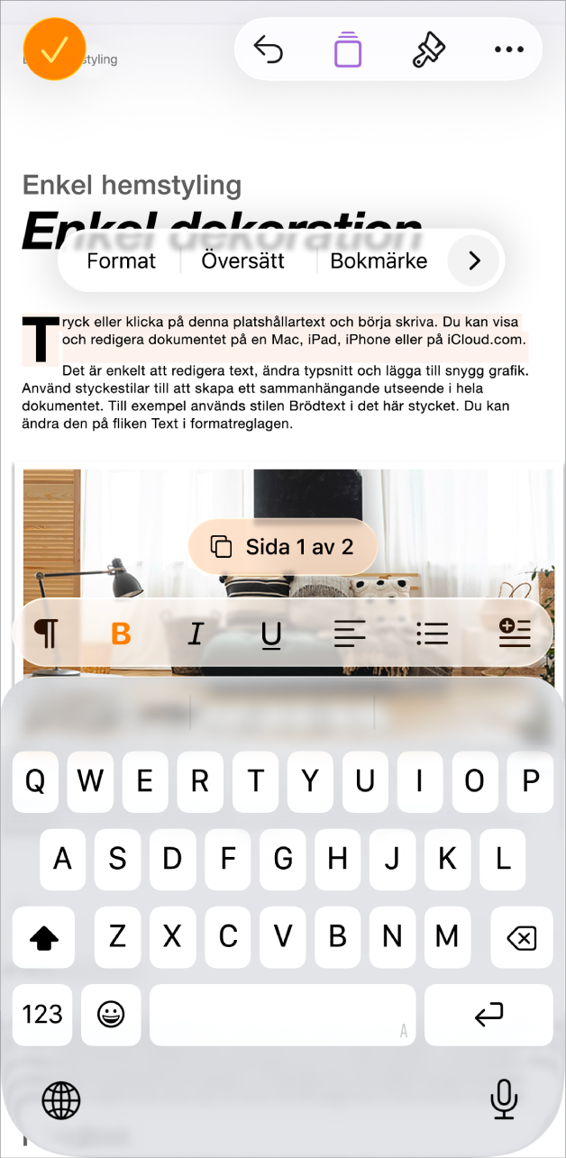 I ett öppet dokument är mallplatshållartext markerad.
