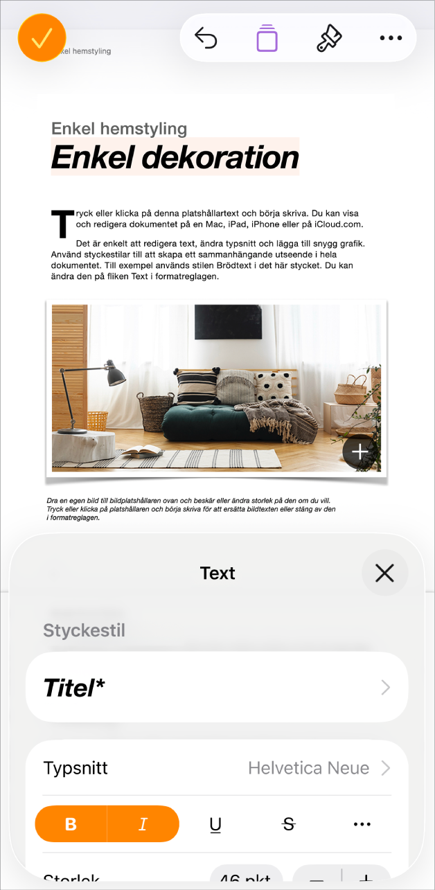 Text är markerad i ett öppet dokument och textalternativ visas längst ned.