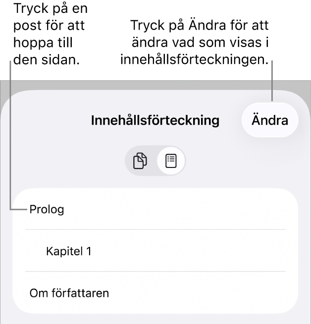 Innehållsförteckningsvyn med rubriker i en lista. I det övre högra hörnet finns en ändringsknapp och längst ned finns knapparna för sidminiatyrer och innehållsförteckning.