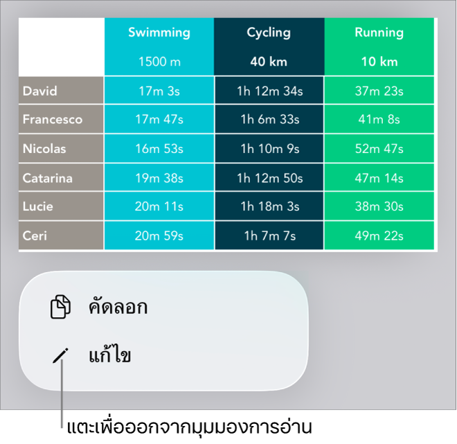ตารางถูกเลือกอยู่ และด้านล่างเป็นเมนูที่มีปุ่มคัดลอกและปุ่มแก้ไข