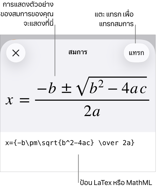 หน้าต่างโต้ตอบสมการ ที่แสดงสมการที่เขียนโดยใช้คำสั่ง MathML และการแสดงตัวอย่างของสูตรด้านบน
