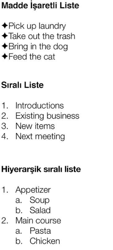 Madde işaretli, sıralı ve hiyerarşik sıralı liste örnekleri.