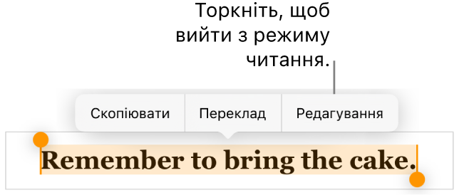 Вибрано речення, зверху є контекстне меню з кнопками «Скопіювати» й «Редагувати».