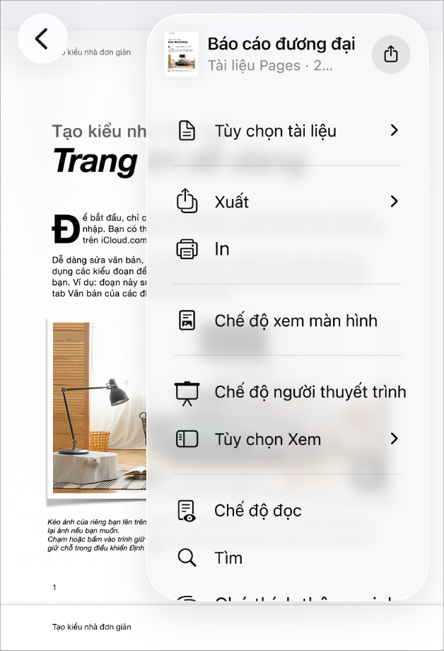 Menu Chia sẻ xuất hiện, với các tùy chọn gửi ở trên cùng và bên dưới là các tùy chọn Sao chép, Xuất và gửi, In, Ghi chú nhanh mới, Thêm thẻ và Lưu vào Tệp.