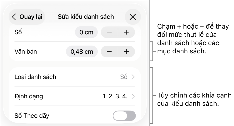 Menu Sửa kiểu danh sách với các điều khiển cho giãn cách thụt lề, kiểu và định dạng danh sách, đánh số tiếp tục và giãn cách dòng.