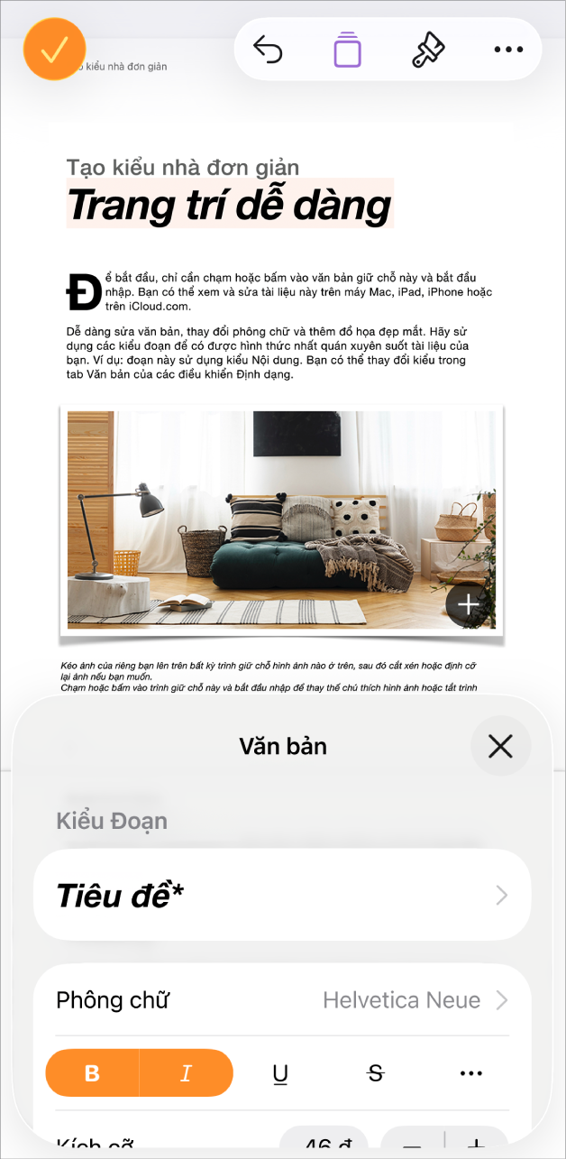 Trong tài liệu đang mở, văn bản được chọn và các tùy chọn văn bản được hiển thị ở dưới cùng.