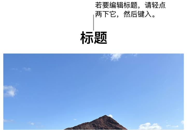 占位符标题“标题”显示在照片下方;标题栏周围的蓝色外框表示它已被选中。