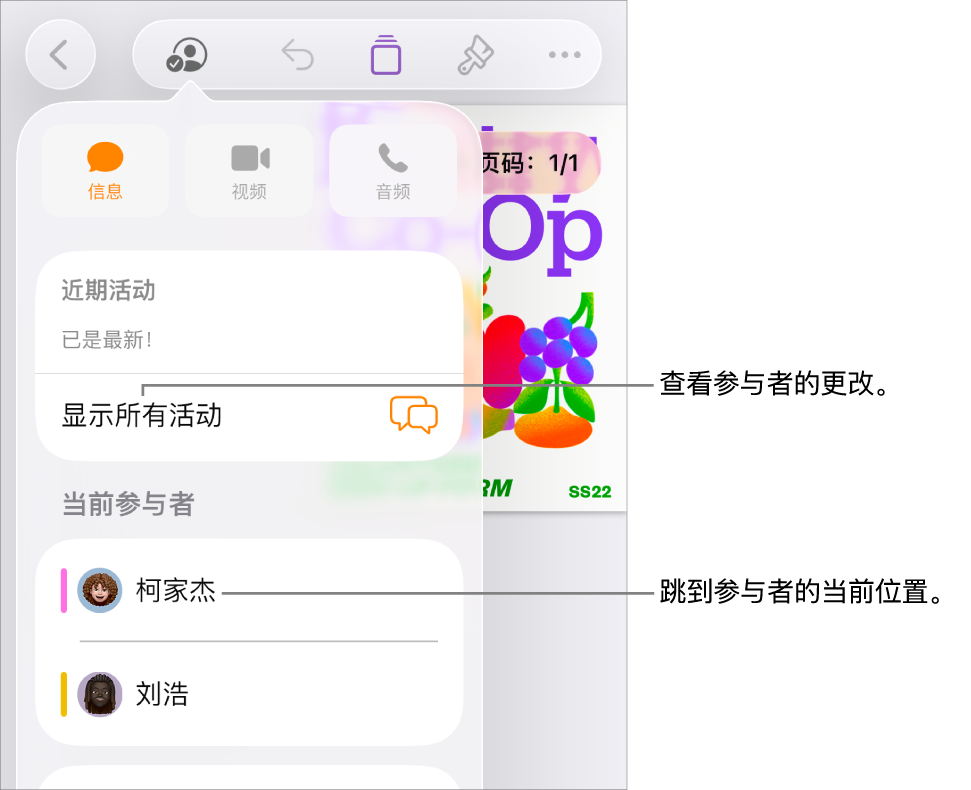 列出了当前参与者的协作菜单。