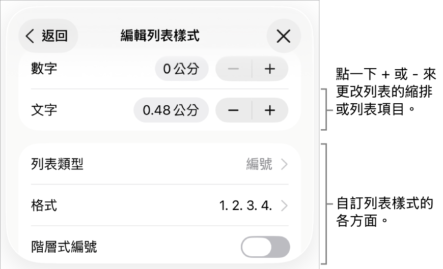 「編輯列表樣式」選單包含縮排間距、列表類型和格式、階層式編號、以及行距的控制項目。