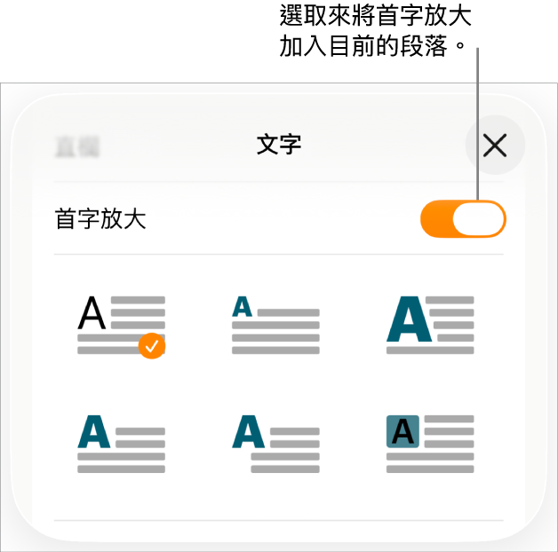 「首字放大」控制項目位於「文字」選單中。