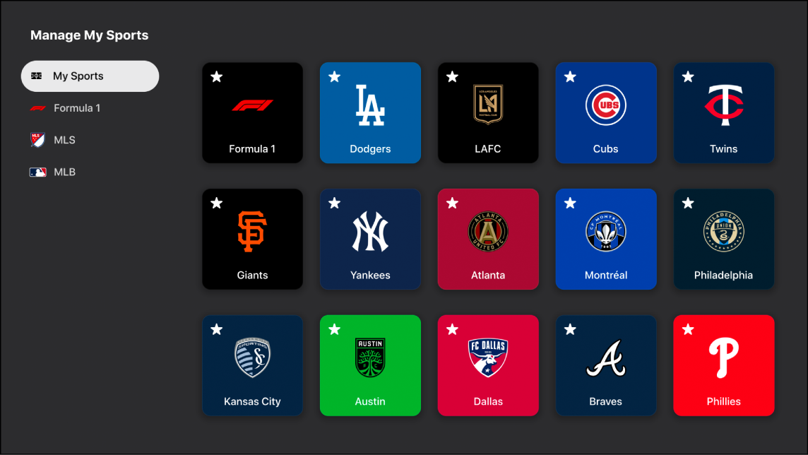 Apple TV app Manage My Sports screen.