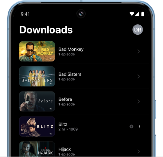 The Downloads screen on the Apple TV app.