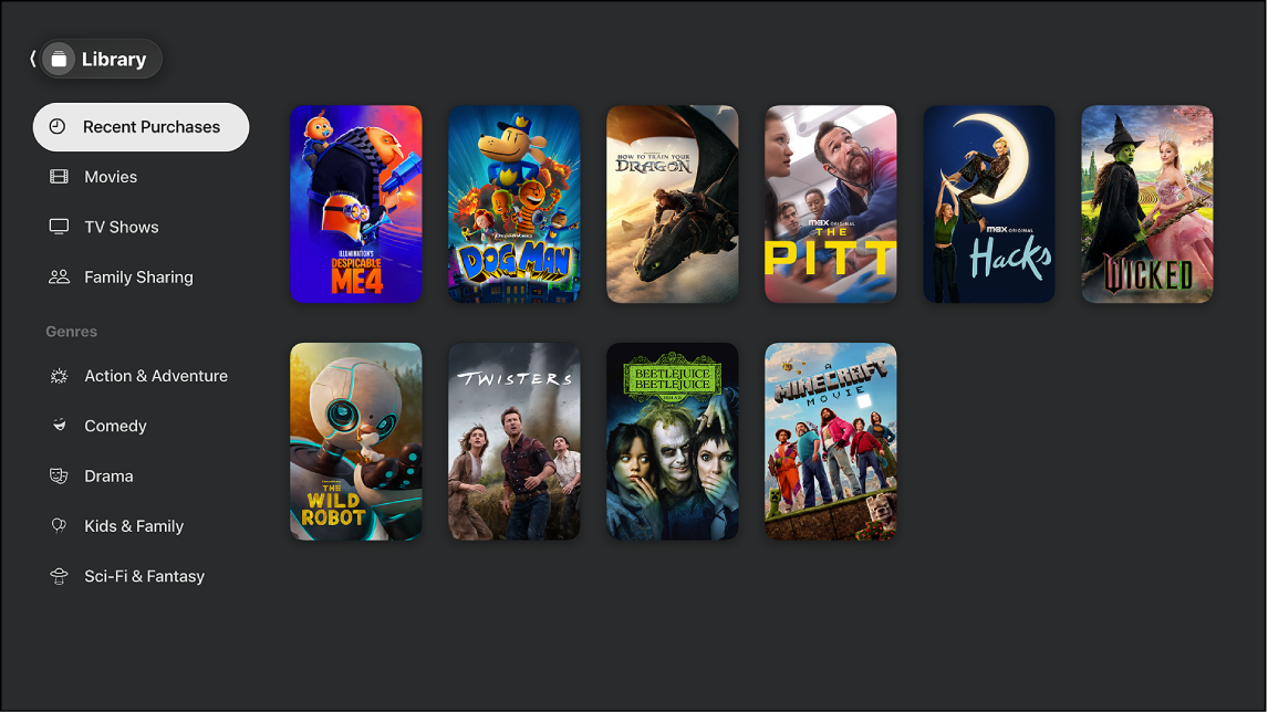 The Apple TV app with the library open.