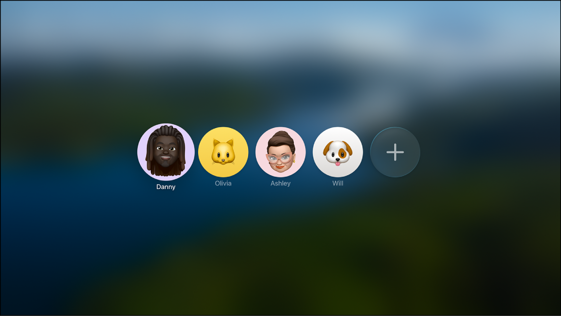 Apple TV app profile selection screen with four profiles.