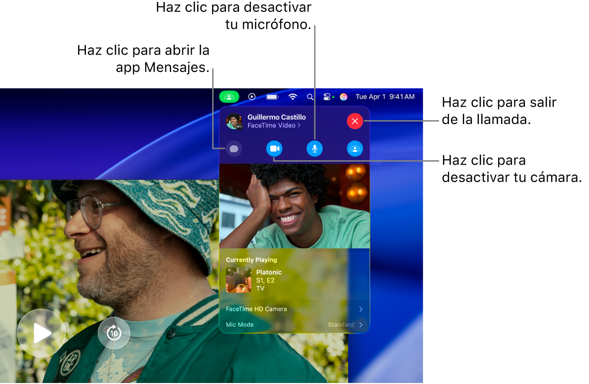 Los controles de SharePlay se muestran en la barra de menús, incluidos los botones para abrir la app Mensajes, silenciar el micrófono, apagar la cámara y abandonar la llamada.