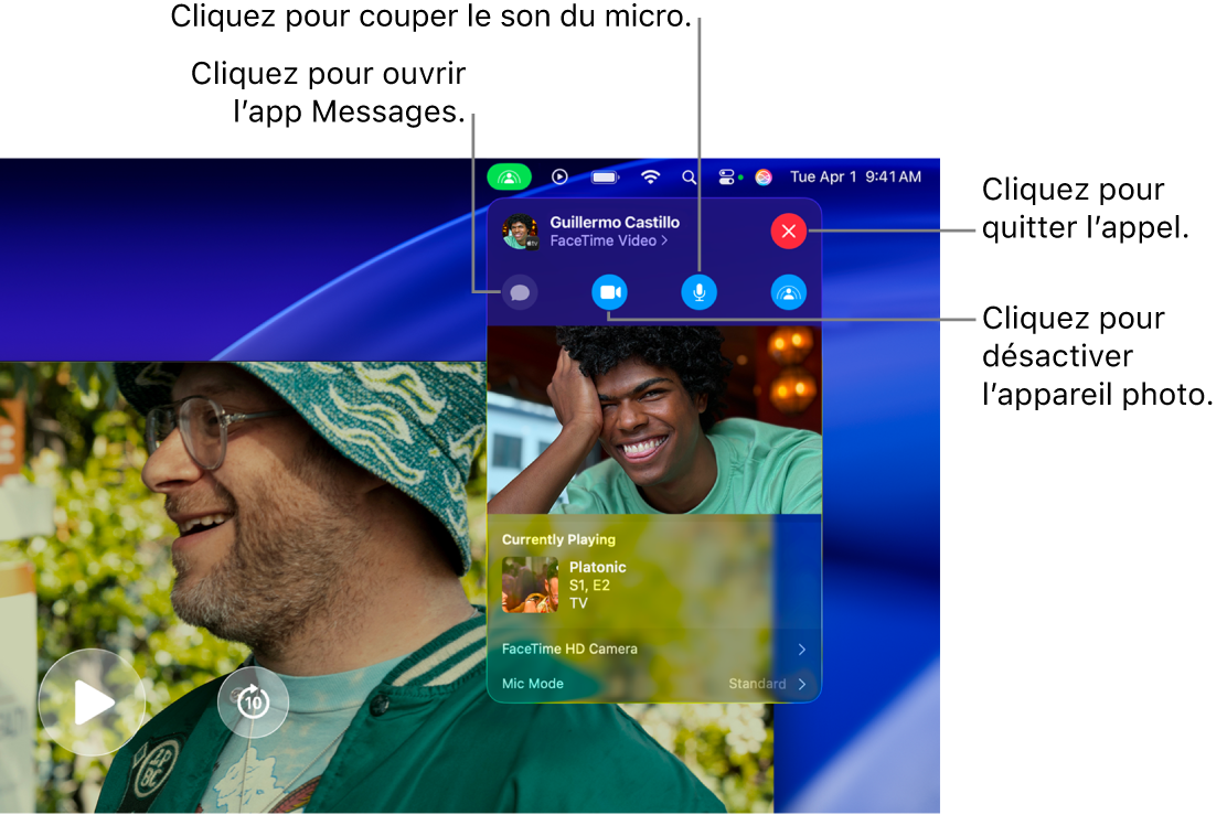 Commandes SharePlay affichées dans la barre des menus, y compris les boutons permettant d’ouvrir l’app Messages, de couper le son du microphone, de désactiver l’appareil photo et de quitter l’appel.