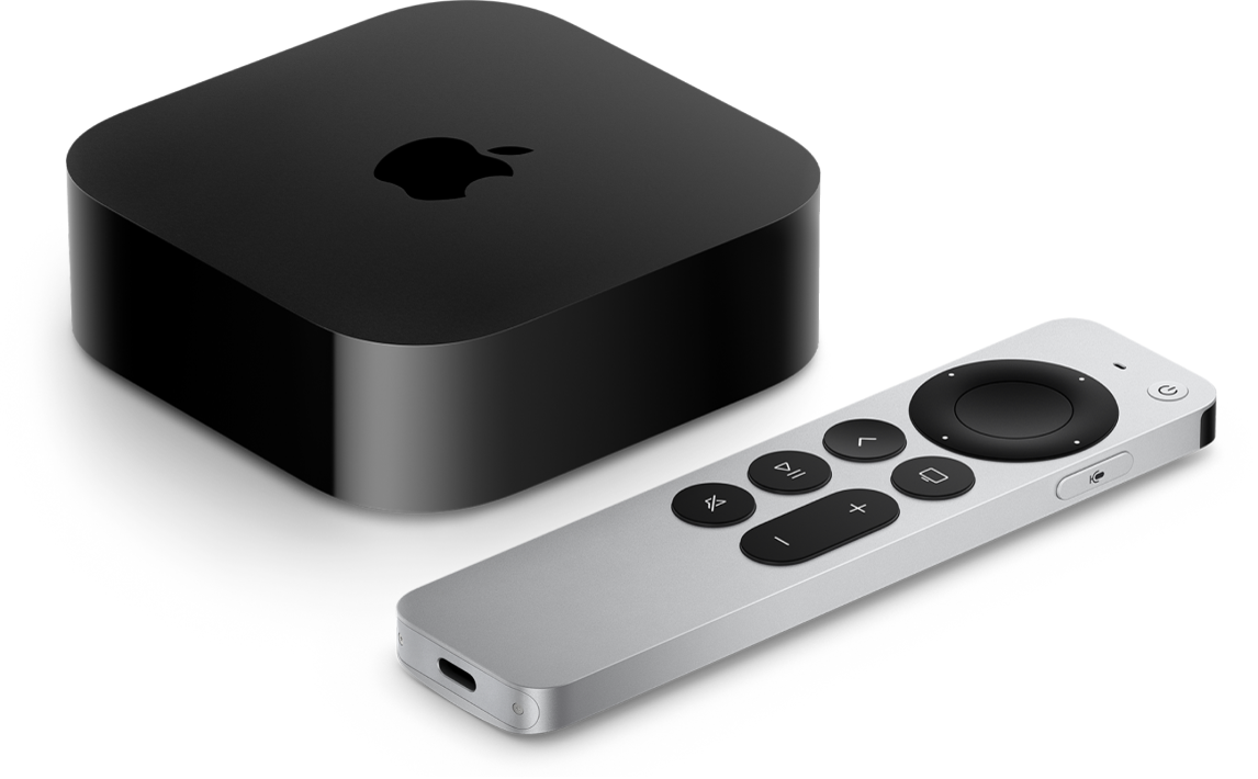 Az Apple TV és a Siri Remote látható.