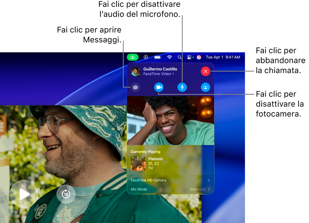 I controlli SharePlay visualizzati nella barra dei menu, compresi i pulsanti per aprire l’app Messaggi, disattivare il microfono, spegnere la fotocamera e abbandonare la chiamata.