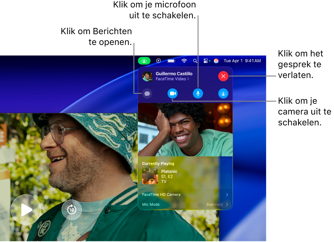 SharePlay-regelaars in de menubalk waaronder knoppen voor het openen van de Berichten-app, het stilhouden van de microfoon, het uitschakelen van de camera en het verlaten van het gesprek.