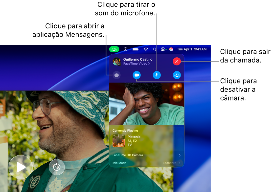 Controlos do SharePlay mostrados na barra de menus, incluindo botões para abrir a aplicação Mensagens, tirar o som ao microfone, desativar a câmara e sair da chamada.