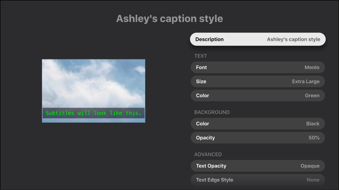 Apple TV App 的字幕樣式自訂畫面已套用自訂樣式。