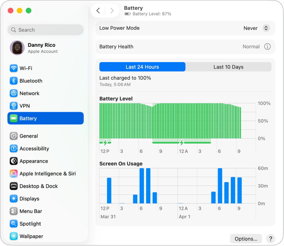 Battery Settings window showing the Battery Level over 24 hours. The window also shows that the Battery Health is normal, and there is an option to turn on Low Power Mode.