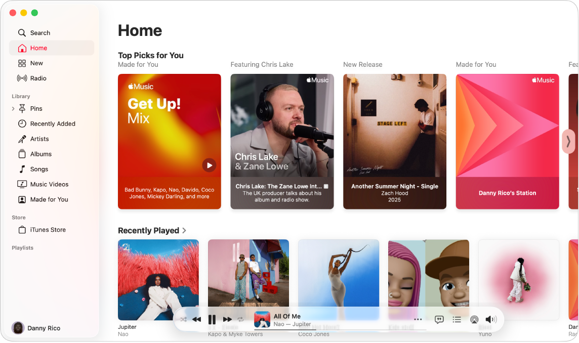 An Apple Music window with the sidebar on the left and Home on the right, showing “Top Picks for You” and “Recently played.”