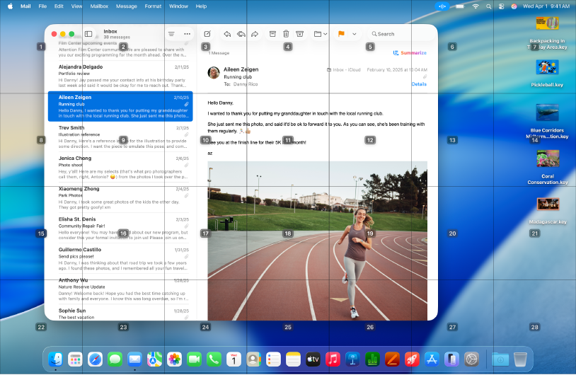 The Mail app open on the Mac desktop, with a grid superimposed over it. Each cell in the grid is labeled with a number.