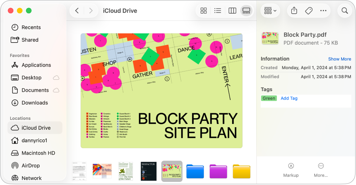 An open Finder window, displaying files and folders in Gallery mode. The markup button and file details are on the right.