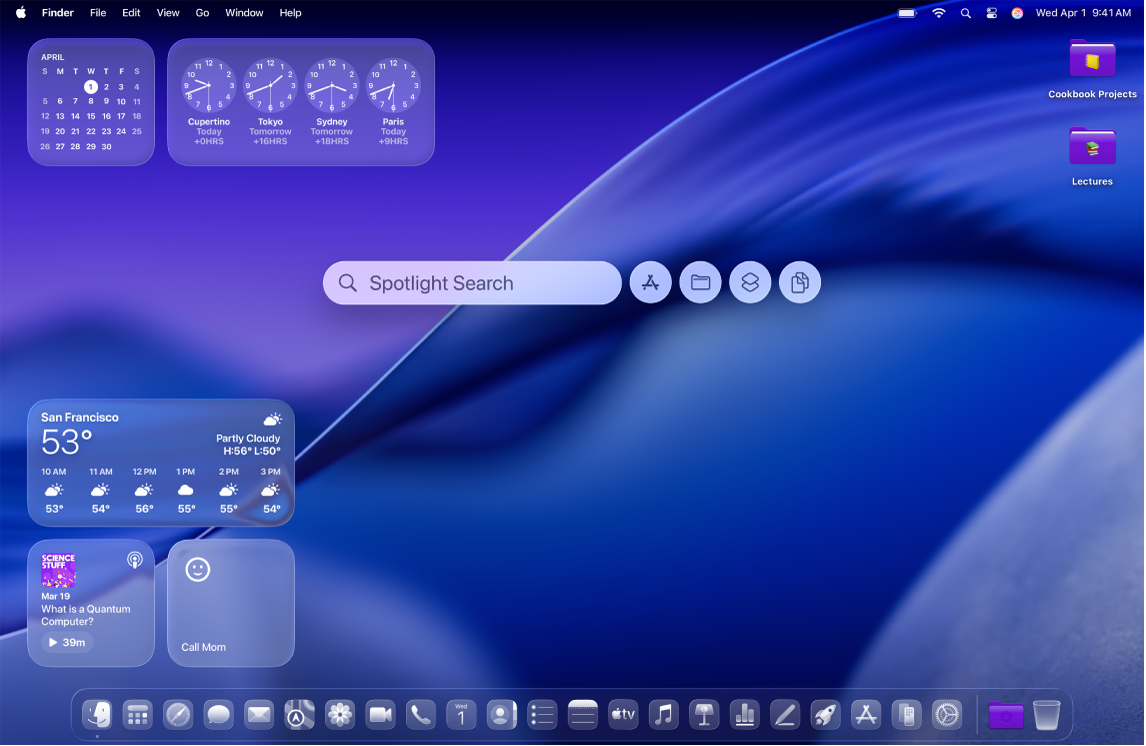 A Mac desktop with custom icons, widgets, folders, and Spotlight search open.