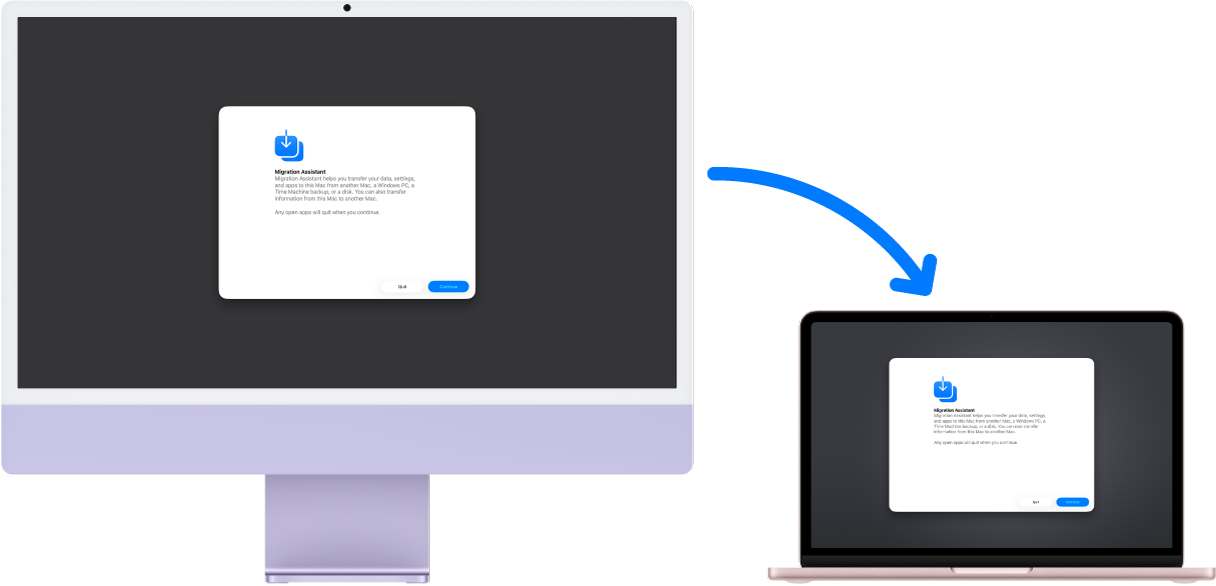 An iMac and a MacBook Neo both displaying the Migration Assistant screen. An arrow from the iMac to the MacBook Neo implies the transfer of data from one to the other.