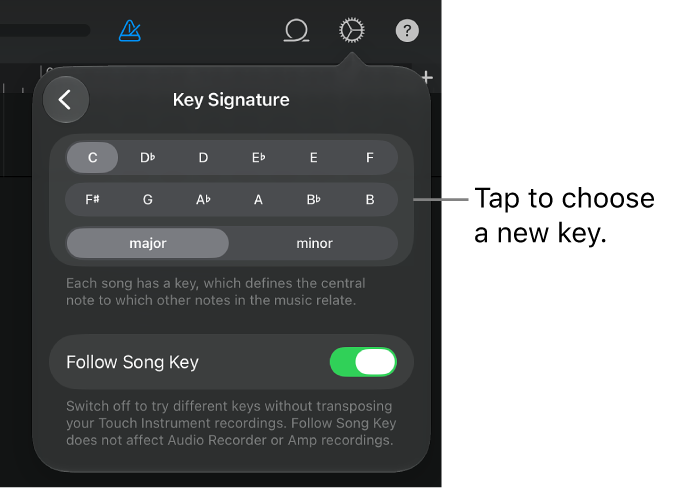 Song settings, including key controls