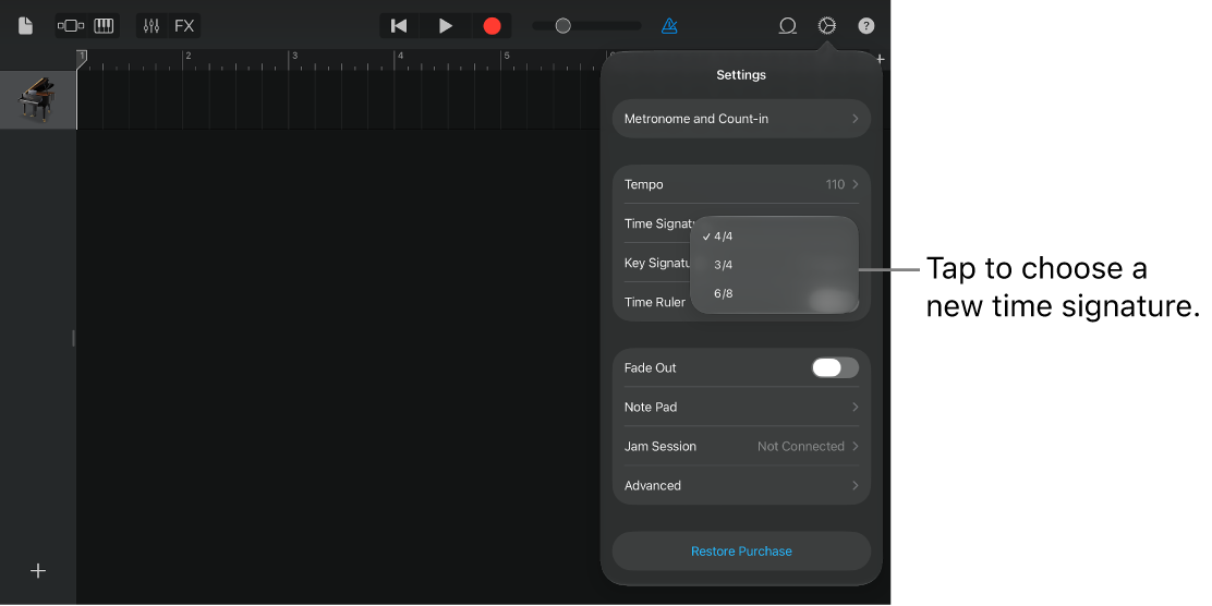 Song settings, including time signature controls