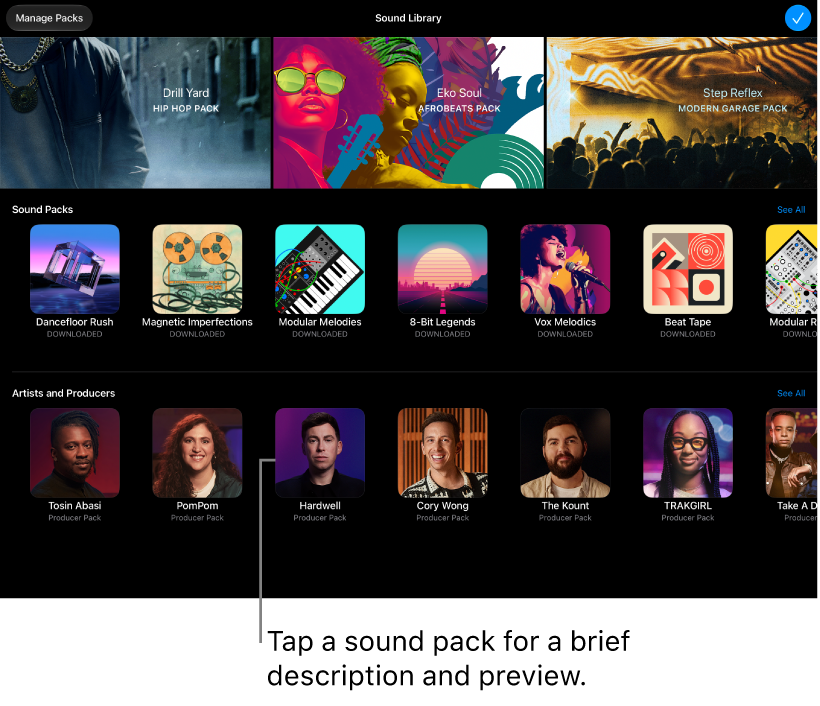 Tap a content pack for a brief description and preview.