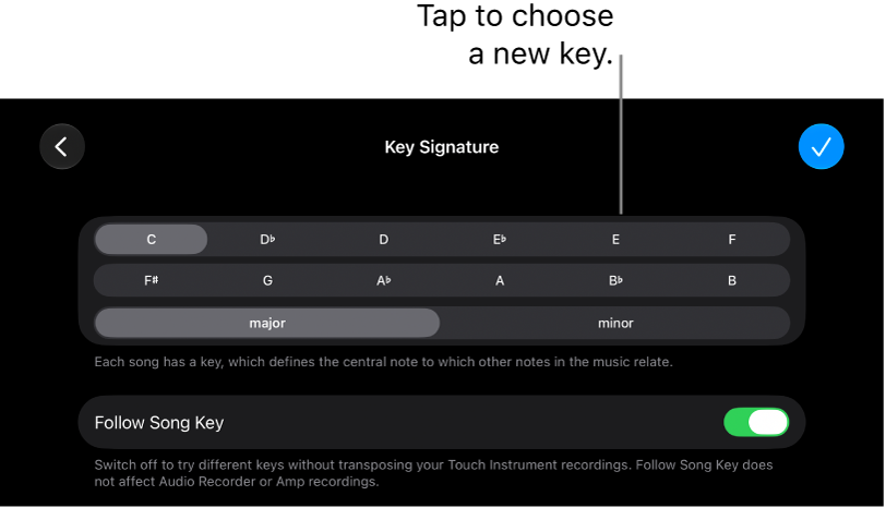 Key controls in Song settings