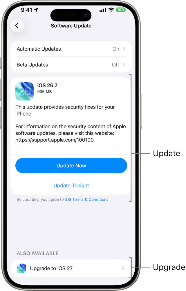 An iPhone screen showing an update to iOS 26 or an upgrade to iOS 27.