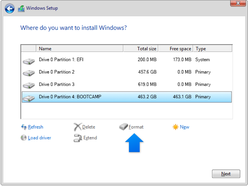 Windows Installer graphic. Where do you want to install Windows screen with BOOTCAMP partition selected. Format is an available option.