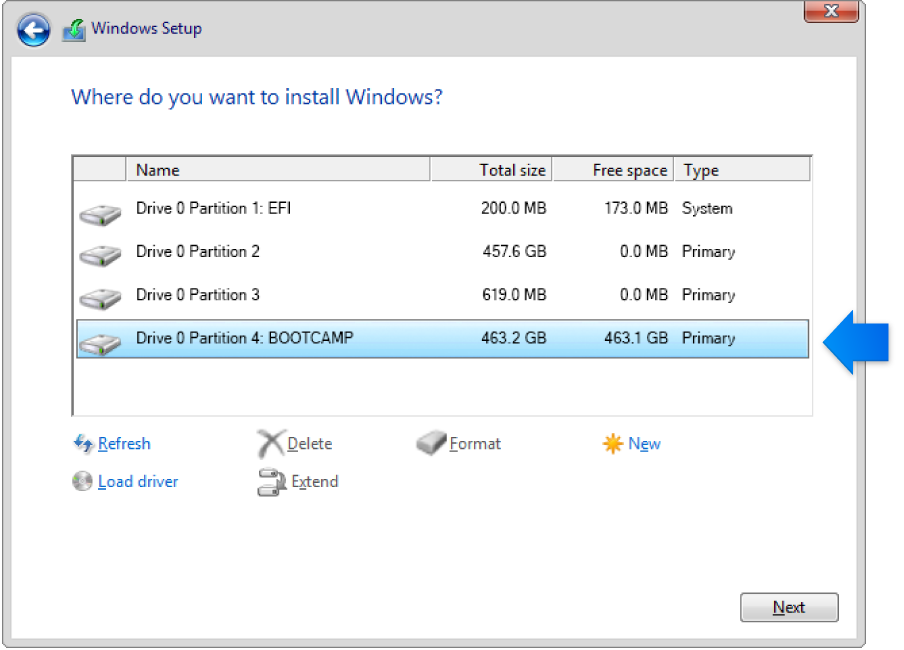 Windows Installer graphic. Where do you want to install Windows screen with BOOTCAMP partition selected. Drive options (advanced) is an available option.