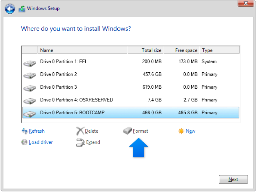 Windows Installer graphic. Where do you want to install Windows screen with BOOTCAMP partition selected. Format is an available option.