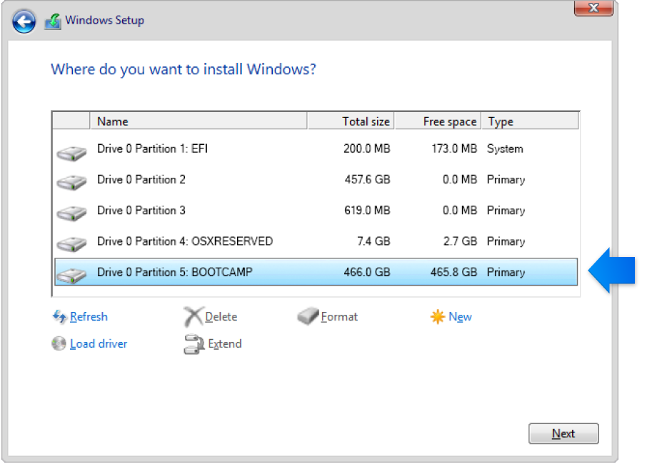 Windows Installer graphic. Where do you want to install Windows screen with BOOTCAMP partition selected. Drive options (advanced) is an available option.