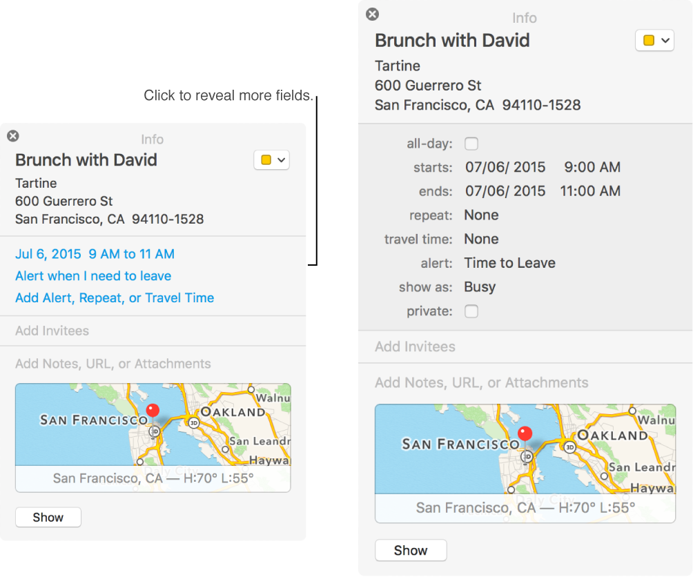 Info window for an event with details hidden (on the left), and the same event’s info window with duration details showing (on the right) 