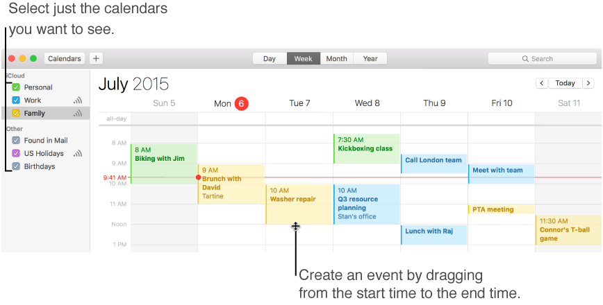 Calendar window with three color-coded calendars in sidebar, and a new event created by dragging from start time to end time