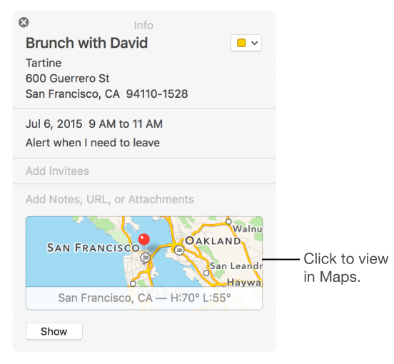 Info window for event showing location name and address and location marked by a pin on a small map. Click small map to view in Maps app