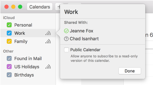 Sharing info window for an event, showing one person invited to share, Public Calendar option deselected, and Revert and Share buttons at bottom